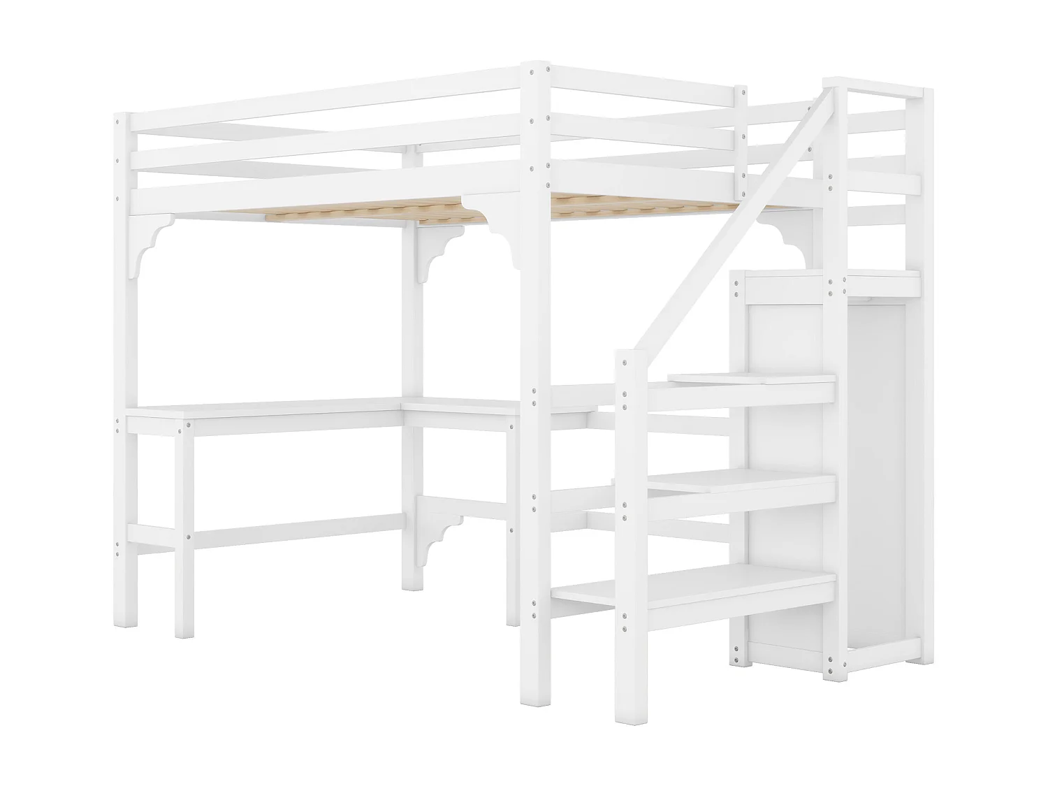 Lit mezzanine 140x200 cm avec sommier - bureau échelle et armoire - bois - blanc (sans matelas)