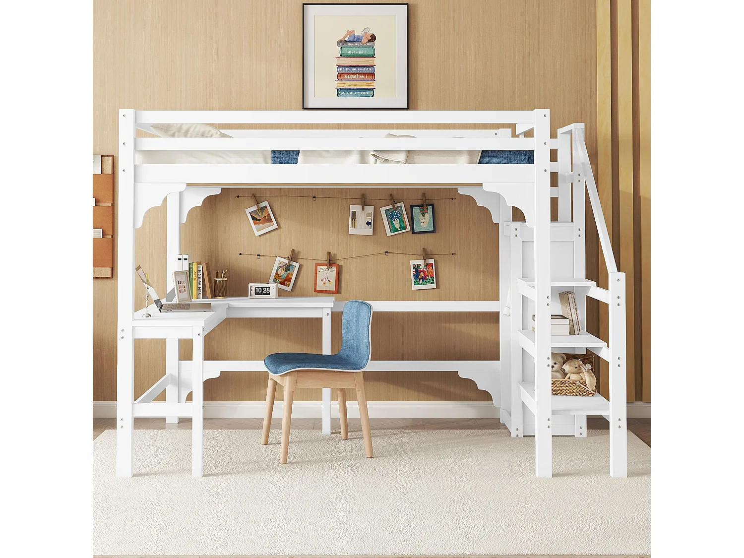 Lit mezzanine 140x200 cm avec sommier - bureau échelle et armoire - bois - blanc (sans matelas)