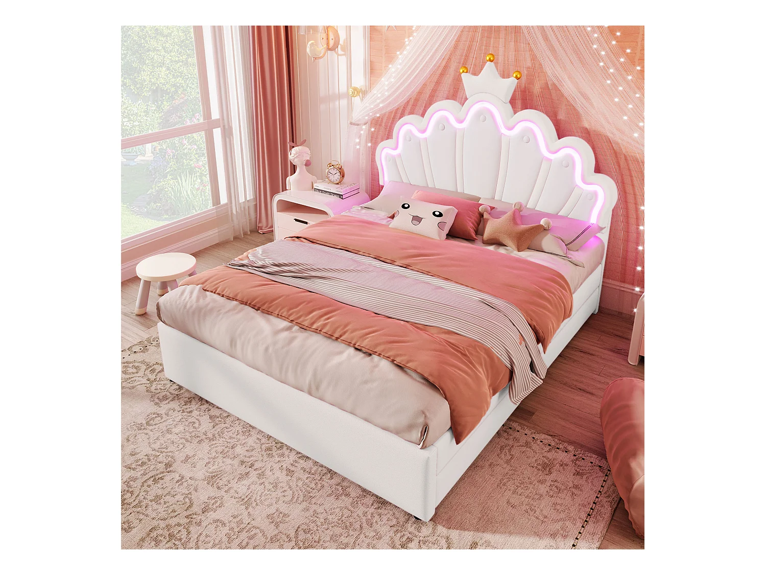 Lit adulte double 140x200 cm avec 2 tiroirs - tête de lit réglable en hauteur et LED - similicuir - blanc (sans matelas)