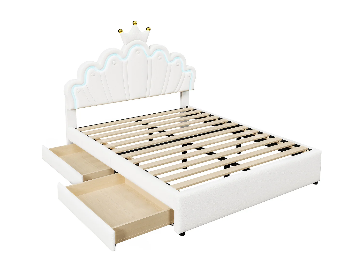 Lit double 140x200 cm avec 2 tiroirs - tête de lit réglable en hauteur et LED - similicuir - blanc (sans matelas)