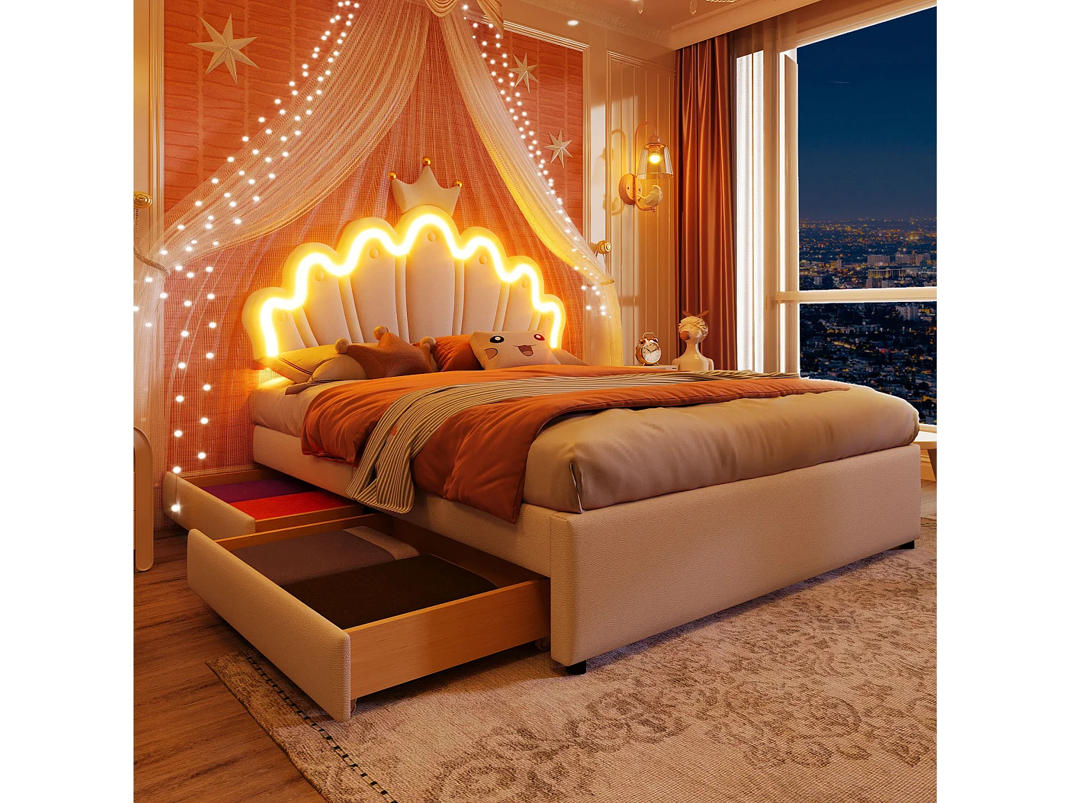 Lit double 140x200 cm avec 2 tiroirs - tête de lit réglable en hauteur et LED - similicuir - blanc (sans matelas)