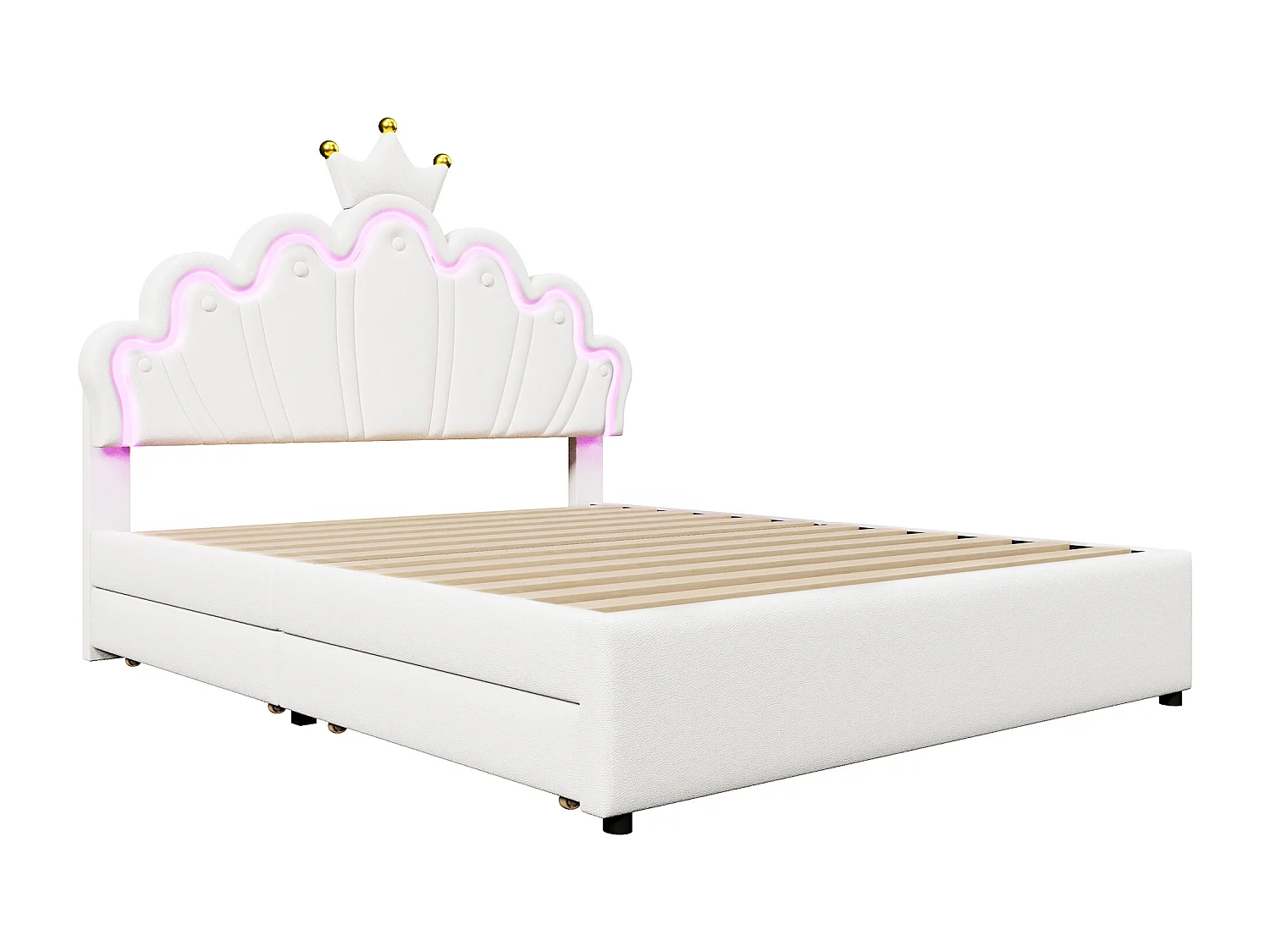 Lit double 140x200 cm avec 2 tiroirs - tête de lit réglable en hauteur et LED - similicuir - blanc (sans matelas)