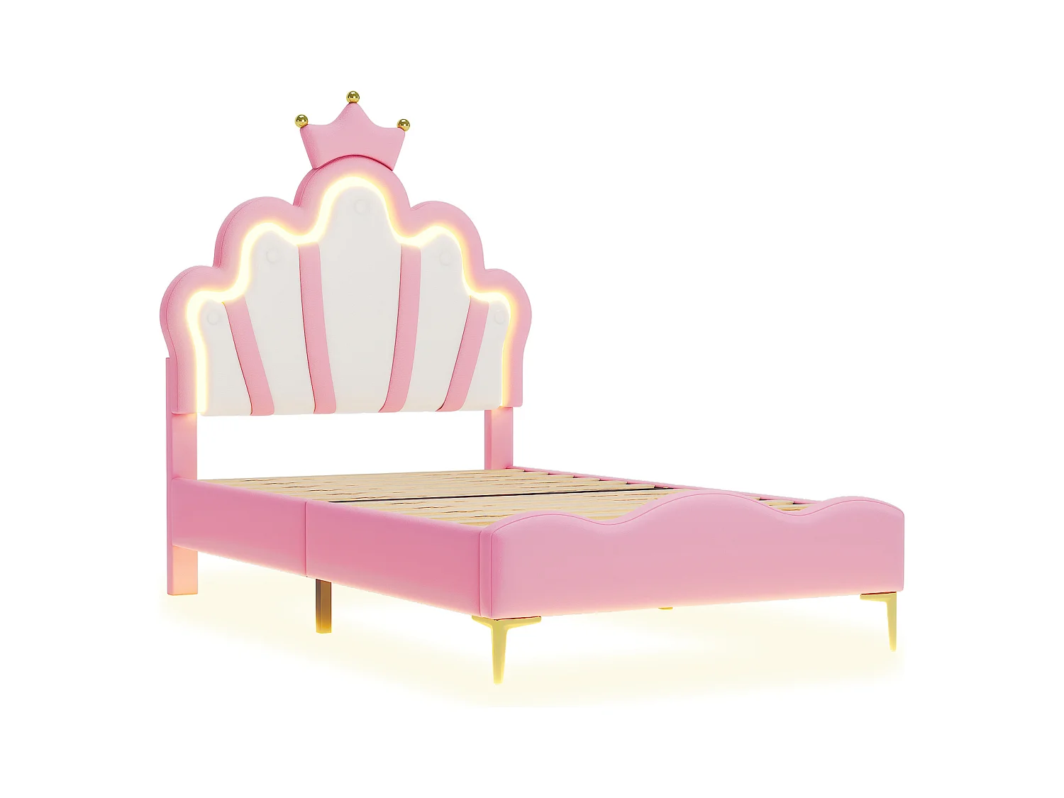 Eenpersoons kinderbed 90x200 cm met lattenbodem - in hoogte verstelbaar hoofdeinde en LED - kunstleer - roze (zonder matras)