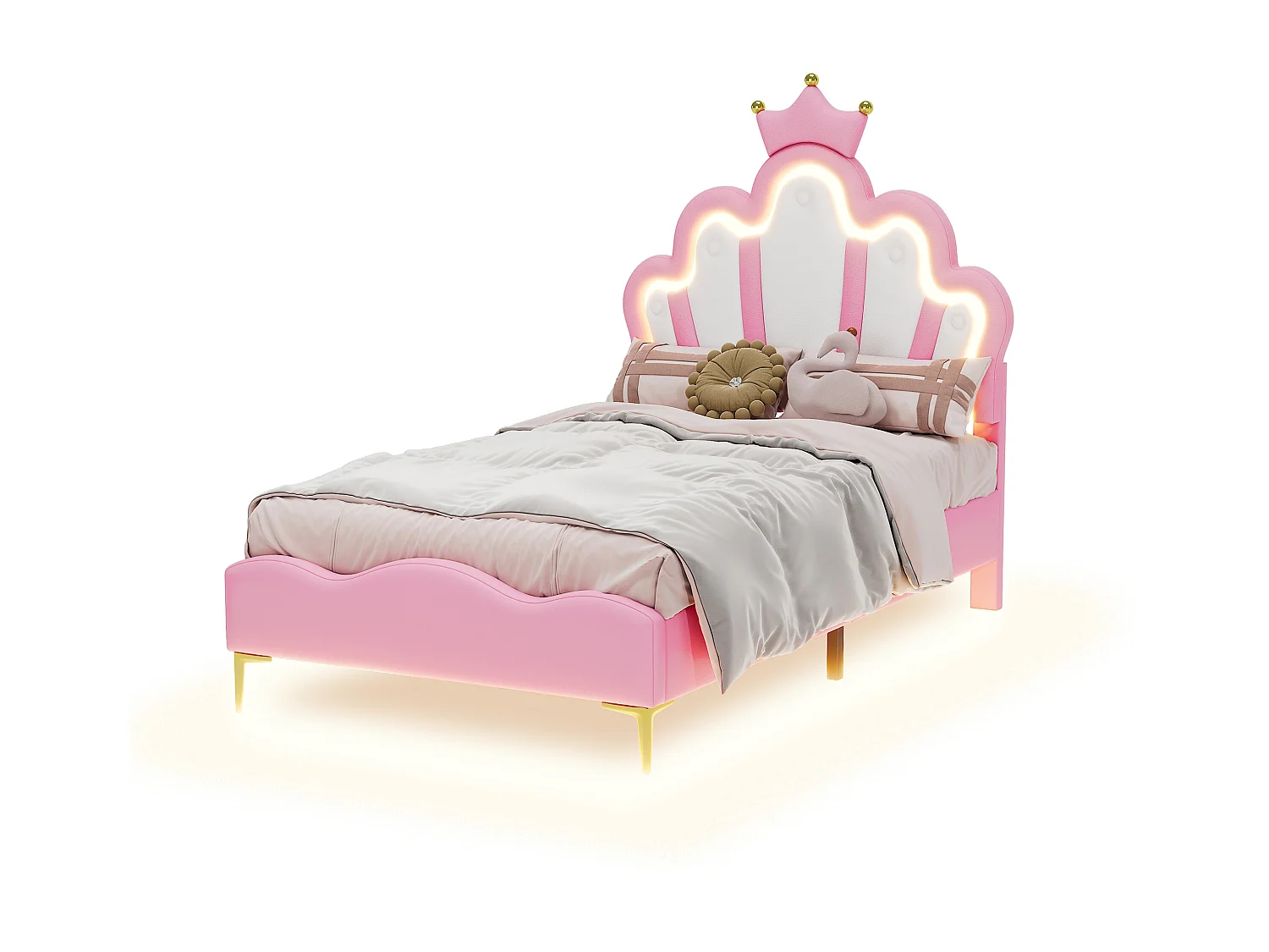 Lit enfant 90x200 cm avec sommier - tête de lit réglable en hauteur et LED - similicuir - rose (sans matelas)