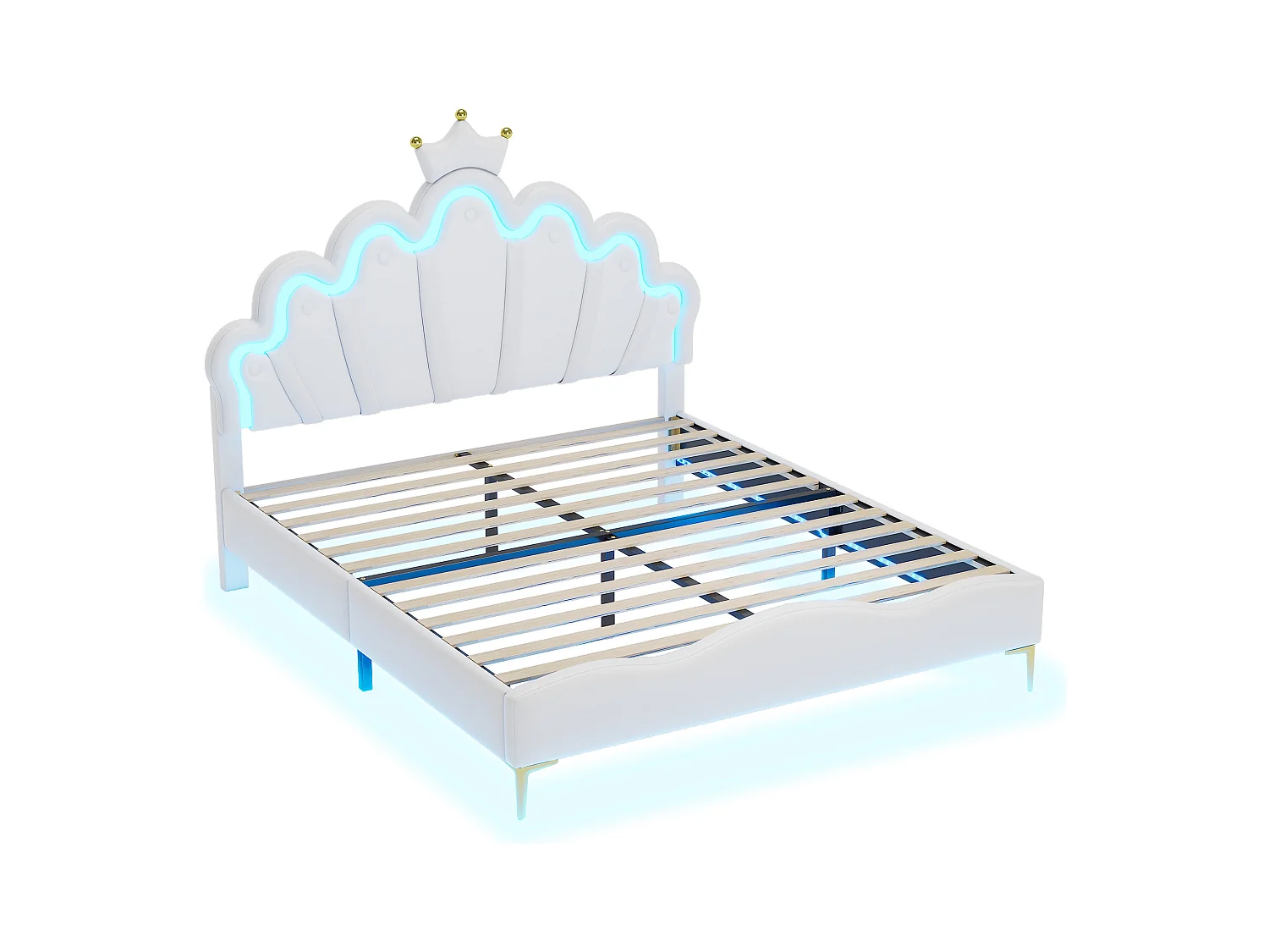 Lit adulte double 140x200 cm avec sommier - tête de lit réglable en hauteur et LED - similicuir - blanc (sans matelas)