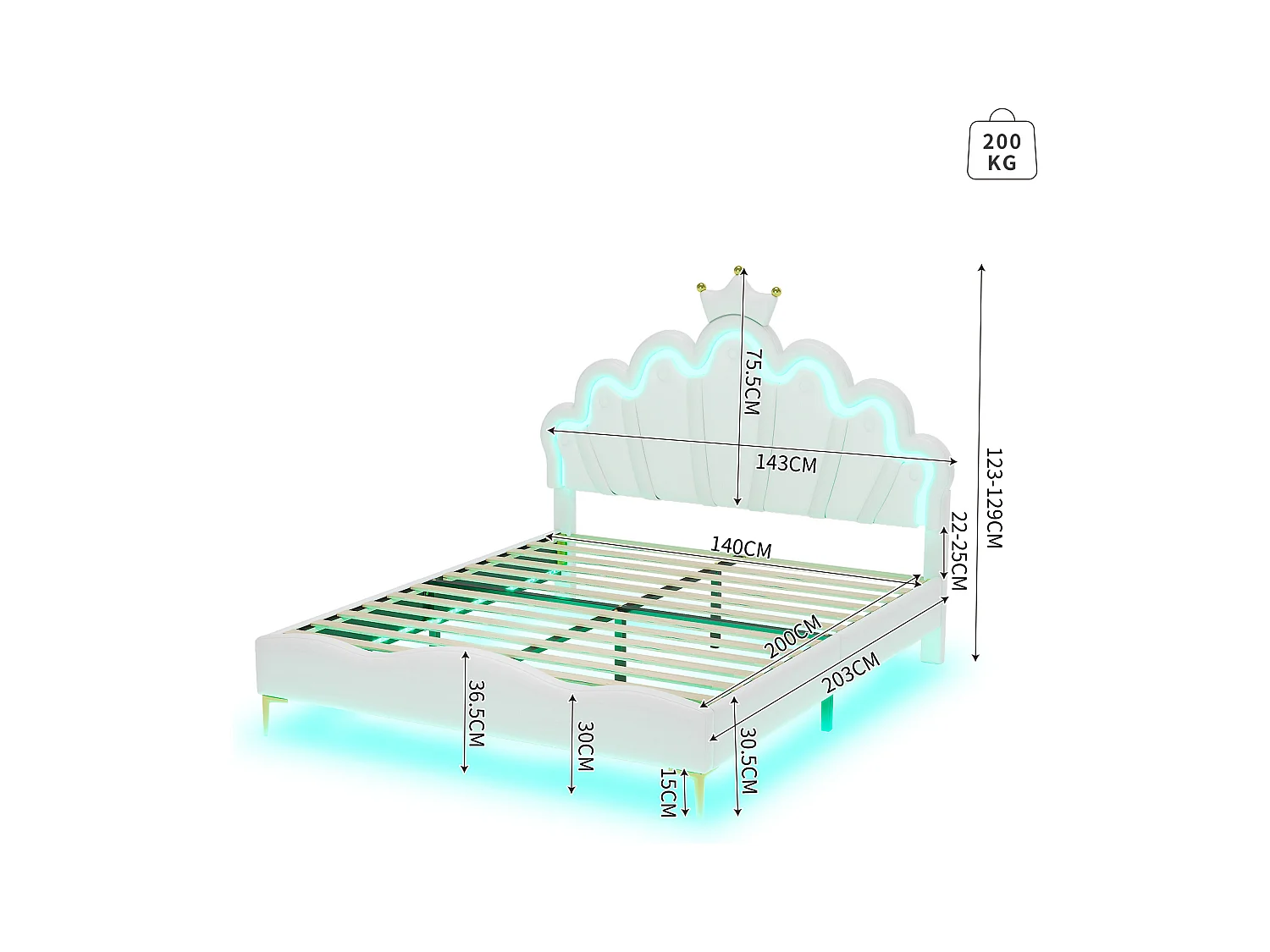 Lit adulte double 140x200 cm avec sommier - tête de lit réglable en hauteur et LED - similicuir - blanc (sans matelas)