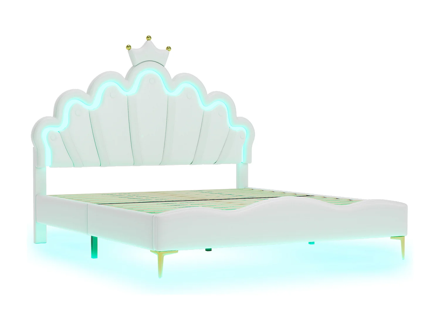 Lit adulte 140x200 cm avec sommier - tête de lit réglable en hauteur et LED - similicuir - blanc (sans matelas)