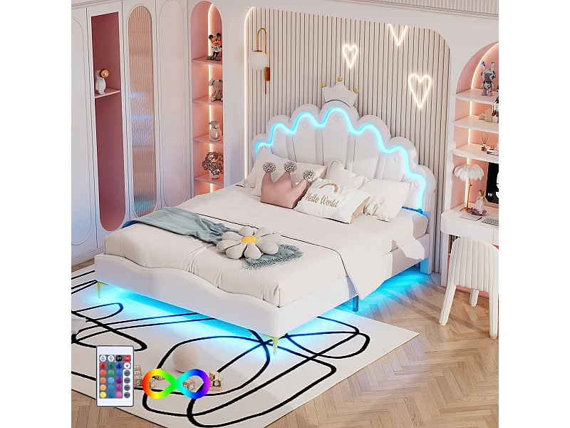 Lit adulte 140x200 cm avec sommier - tête de lit réglable en hauteur et LED - similicuir - blanc (sans matelas)