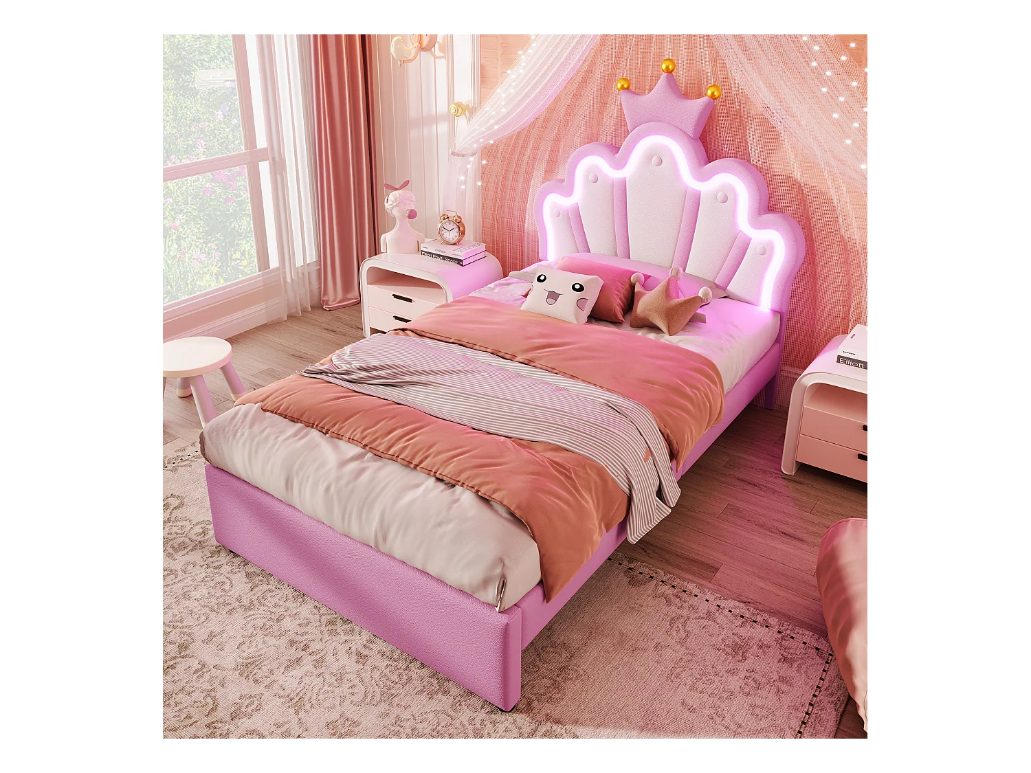 Lit enfant 90x200 cm avec 2 tiroirs - tête de lit réglable en hauteur et LED - similicuir - rose (sans matelas)