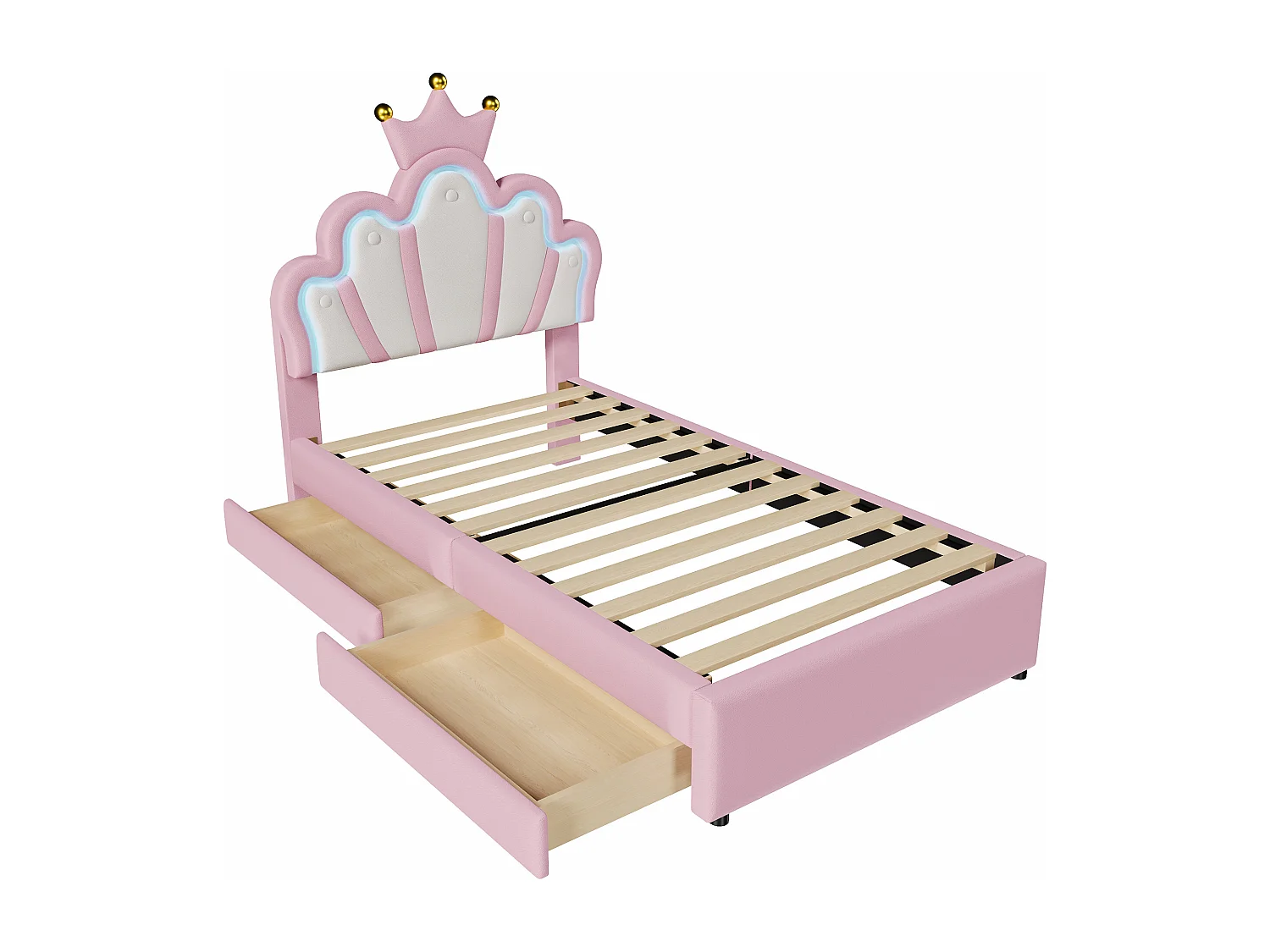 Lit enfant 90x200 cm avec 2 tiroirs - tête de lit réglable en hauteur et LED - similicuir - rose (sans matelas)