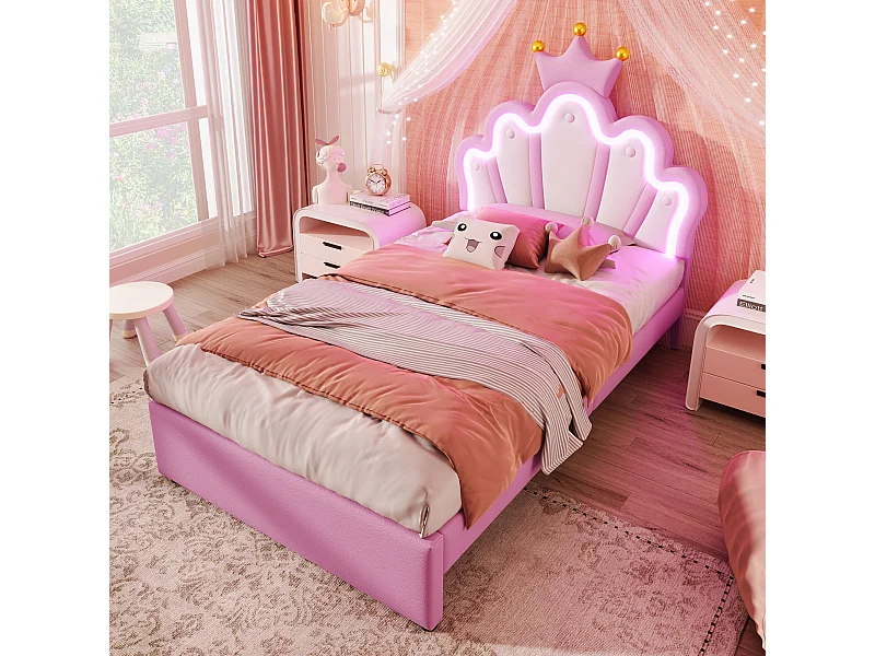 Lit enfant 90x200 cm avec 2 tiroirs - tête de lit réglable en hauteur et LED - similicuir - rose (sans matelas)
