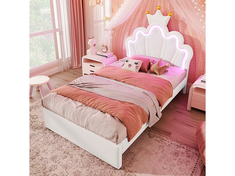 Lit enfant simple 90x200 cm avec 2 tiroirs - tête de lit réglable en hauteur et LED - similicuir - blanc (sans matelas)