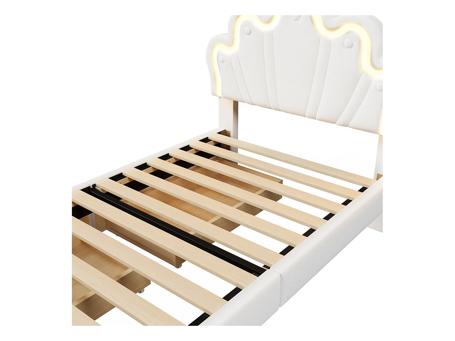 Lit enfant simple 90x200 cm avec 2 tiroirs - tête de lit réglable en hauteur et LED - similicuir - blanc (sans matelas)