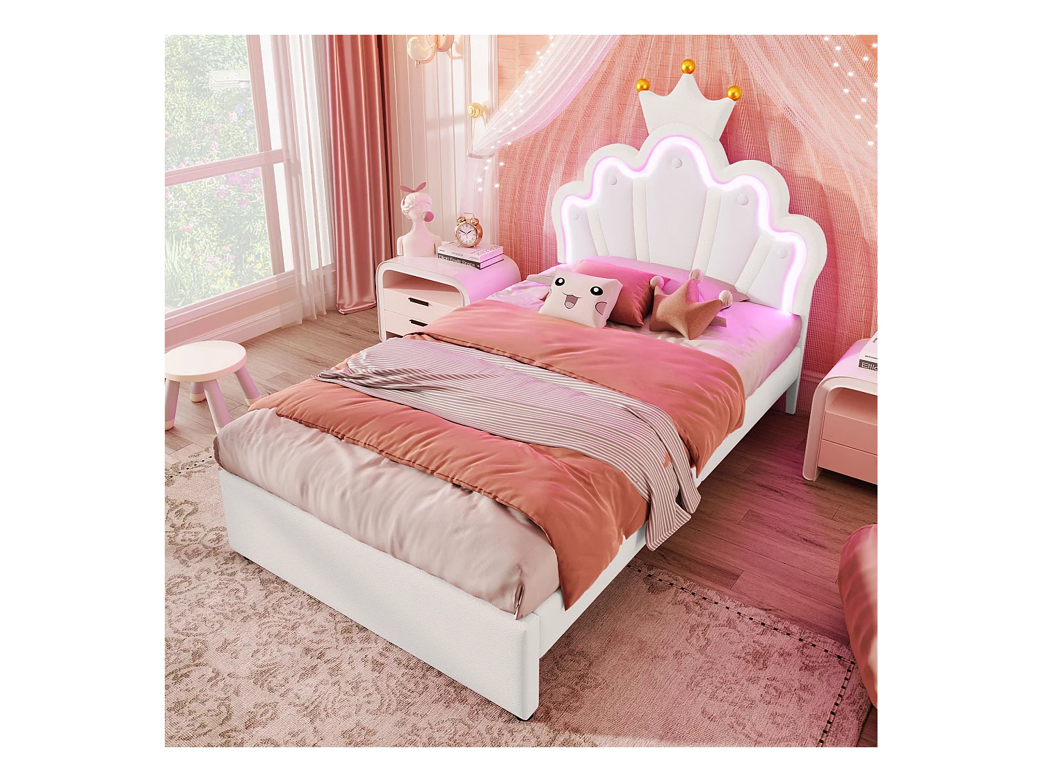 Lit enfant simple 90x200 cm avec 2 tiroirs - tête de lit réglable en hauteur et LED - similicuir - blanc (sans matelas)