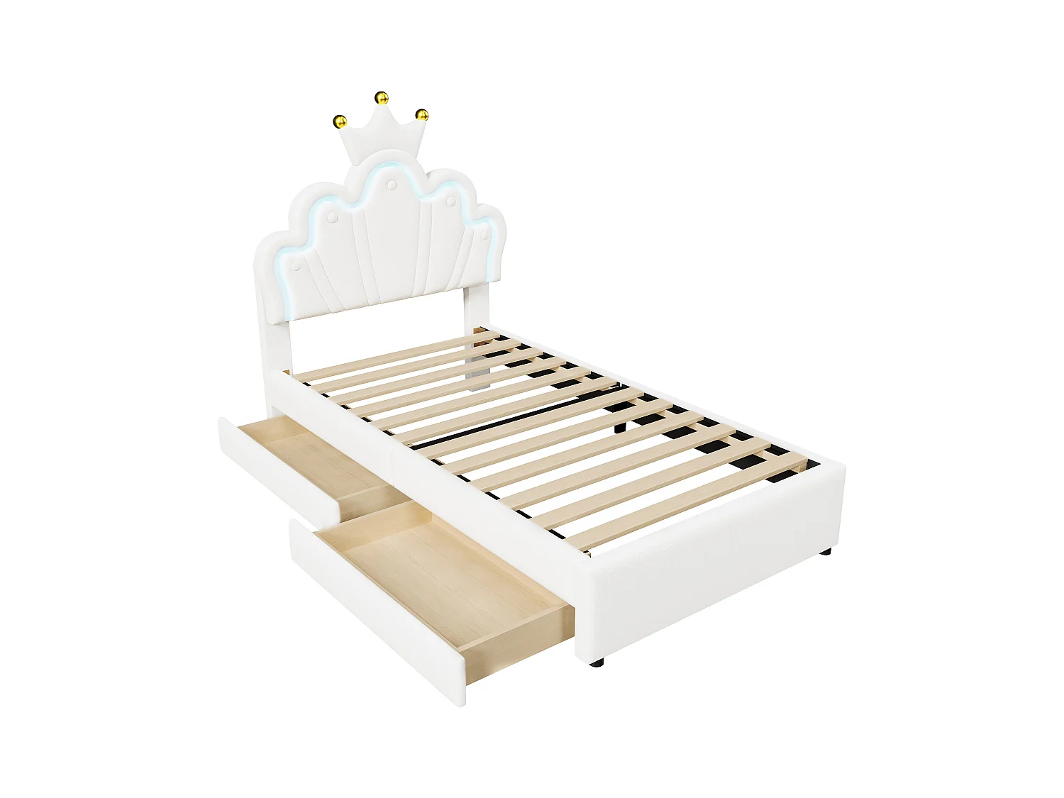 Eenpersoons kinderbed 90x200 cm met 2 laden - in hoogte verstelbaar hoofdbord en - kunstleer - wit (zonder matras)