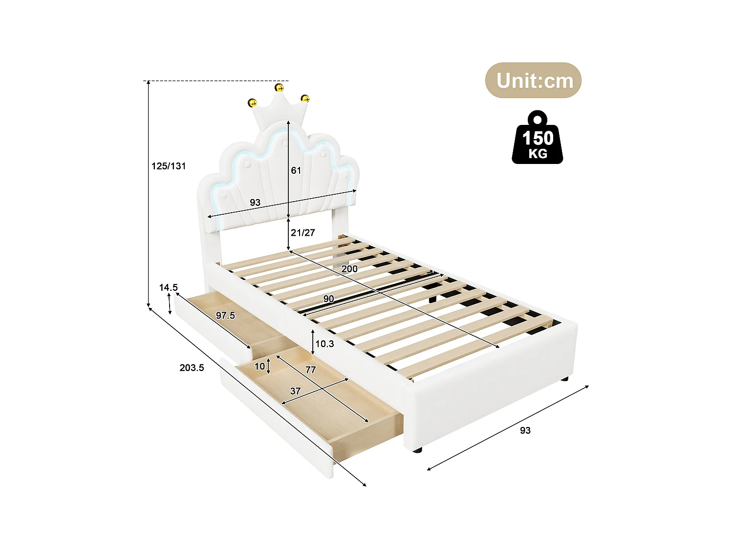 Eenpersoons kinderbed 90x200 cm met 2 laden - in hoogte verstelbaar hoofdbord en - kunstleer - wit (zonder matras)