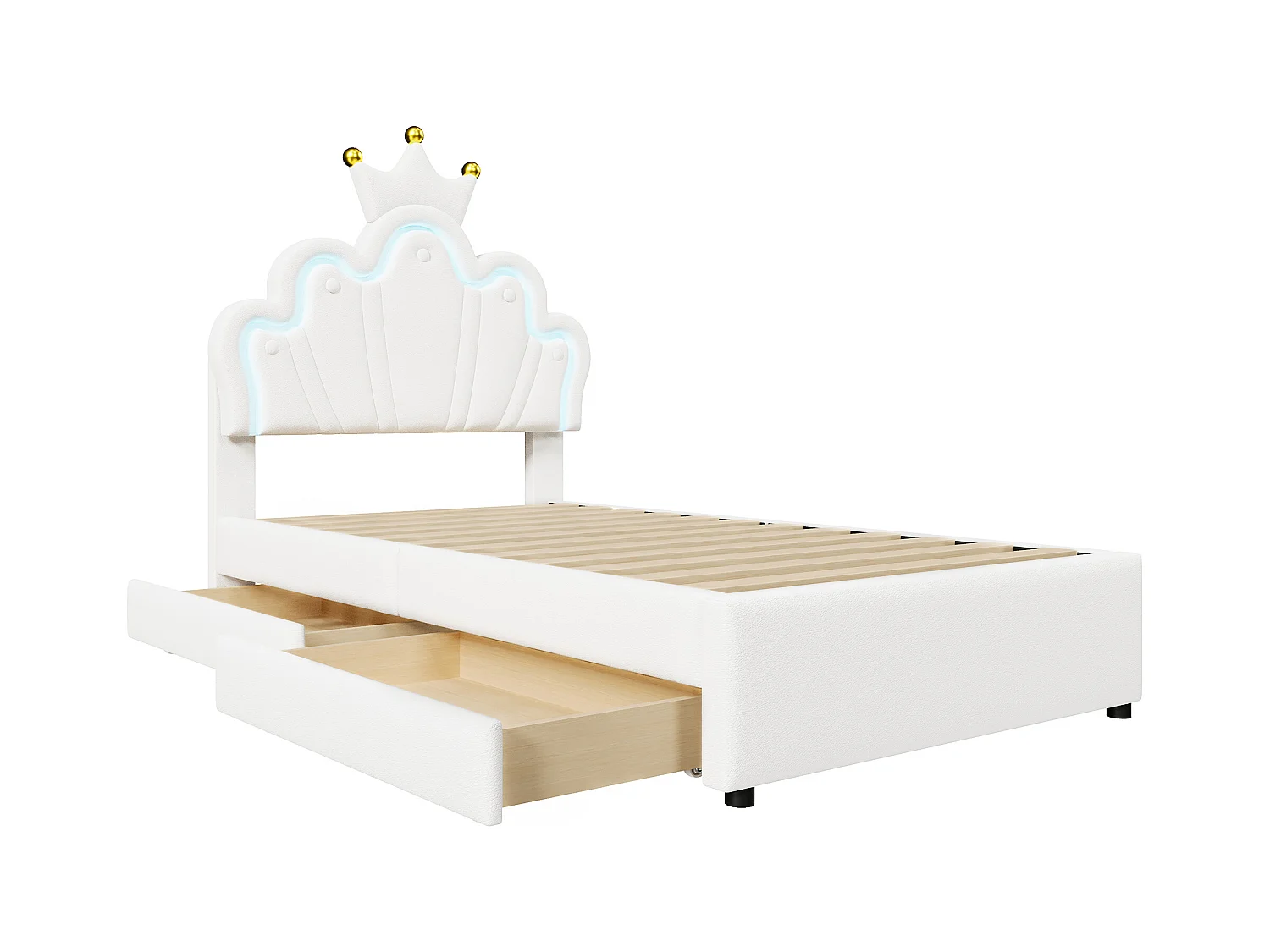 Eenpersoons kinderbed 90x200 cm met 2 laden - in hoogte verstelbaar hoofdbord en - kunstleer - wit (zonder matras)