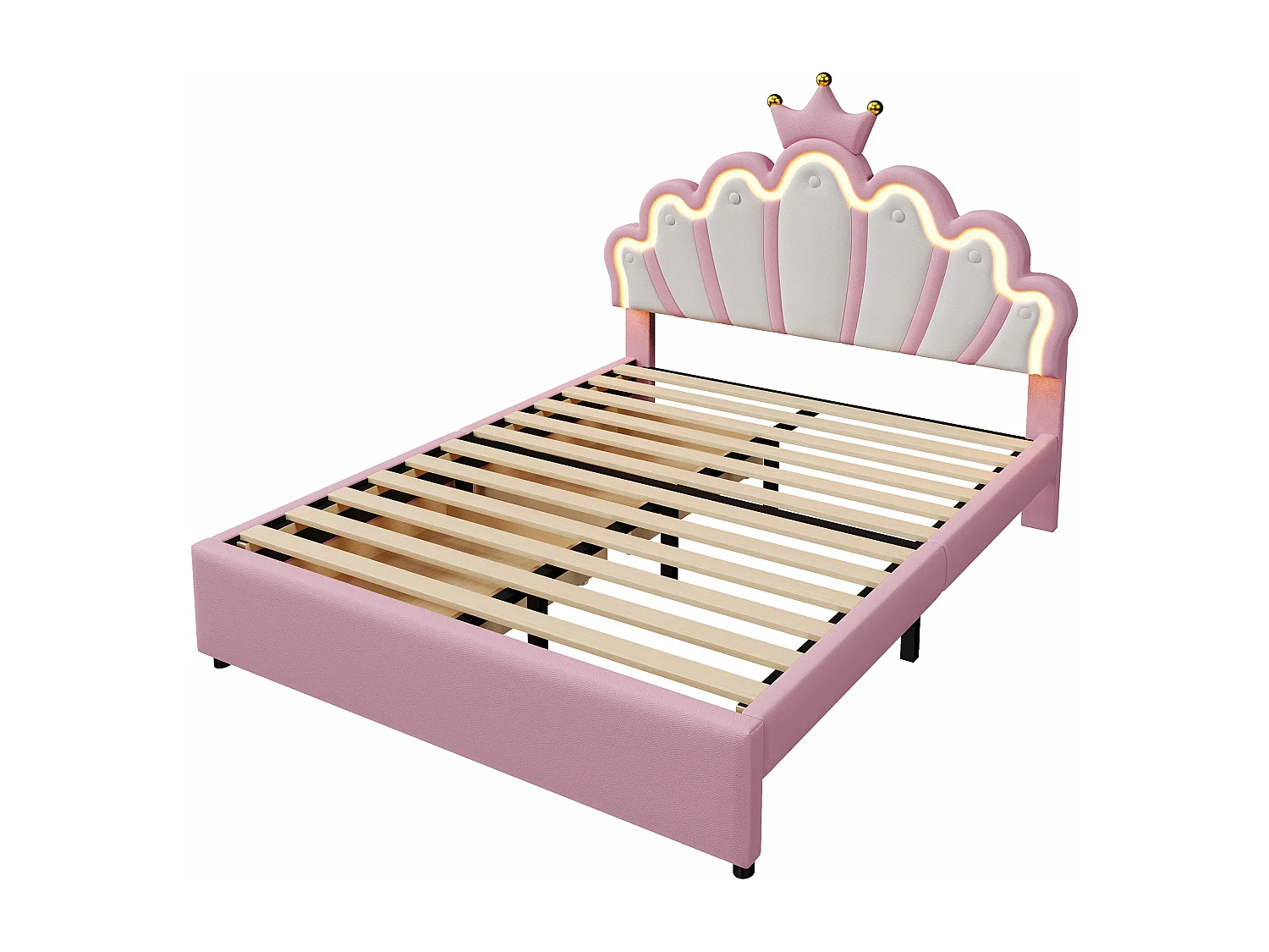 Lit adulte 140x200 cm avec 2 tiroirs - tête de lit réglable en hauteur et LED - similicuir - rose (sans matelas)