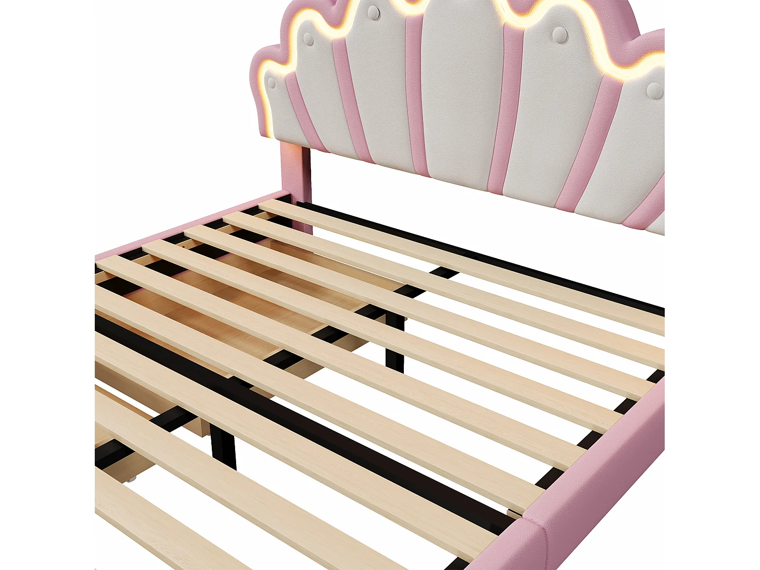 Lit adulte 140x200 cm avec 2 tiroirs - tête de lit réglable en hauteur et LED - similicuir - rose (sans matelas)