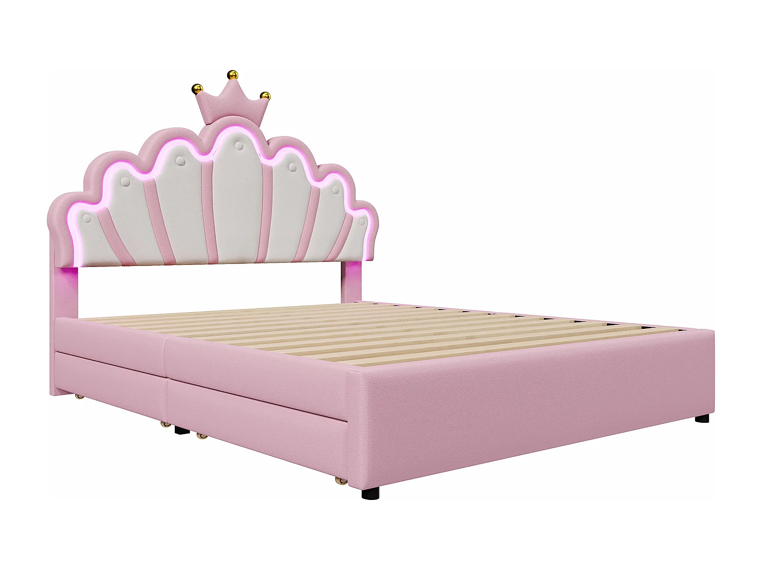 Lit adulte 140x200 cm avec 2 tiroirs - tête de lit réglable en hauteur et LED - similicuir - rose (sans matelas)