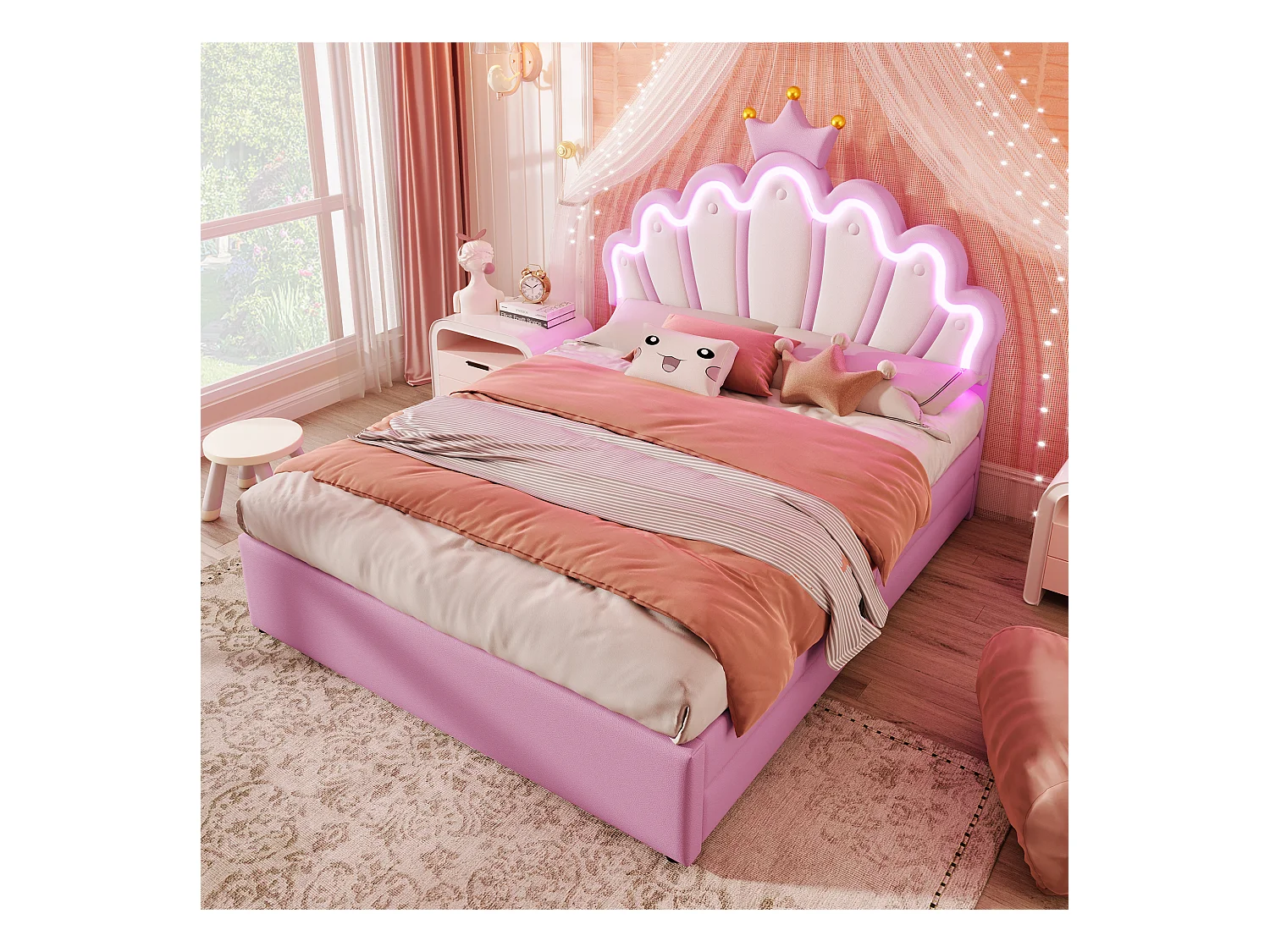 Lit adulte double 140x200 cm avec 2 tiroirs - tête de lit réglable en hauteur et LED - similicuir - rose (sans matelas)