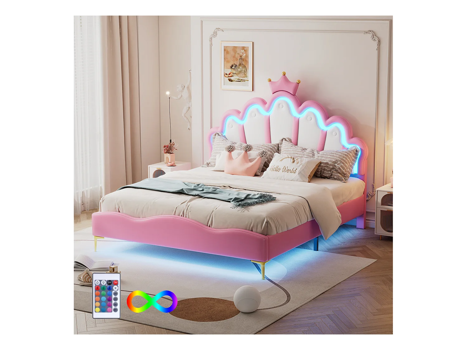 Lit adulte double 140x200 cm avec sommier - tête de lit réglable en hauteur et LED - similicuir - rose (sans matelas)