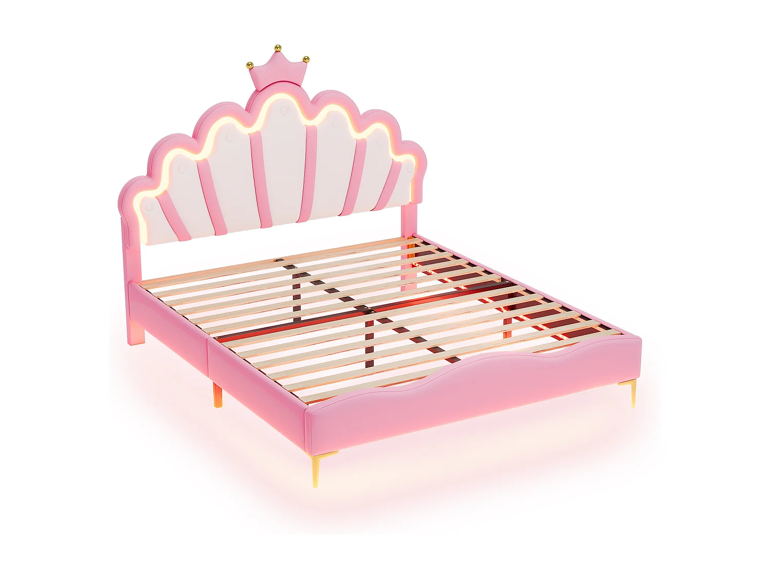 Lit adulte 140x200 cm avec sommier - tête de lit réglable en hauteur et LED - similicuir - rose (sans matelas)
