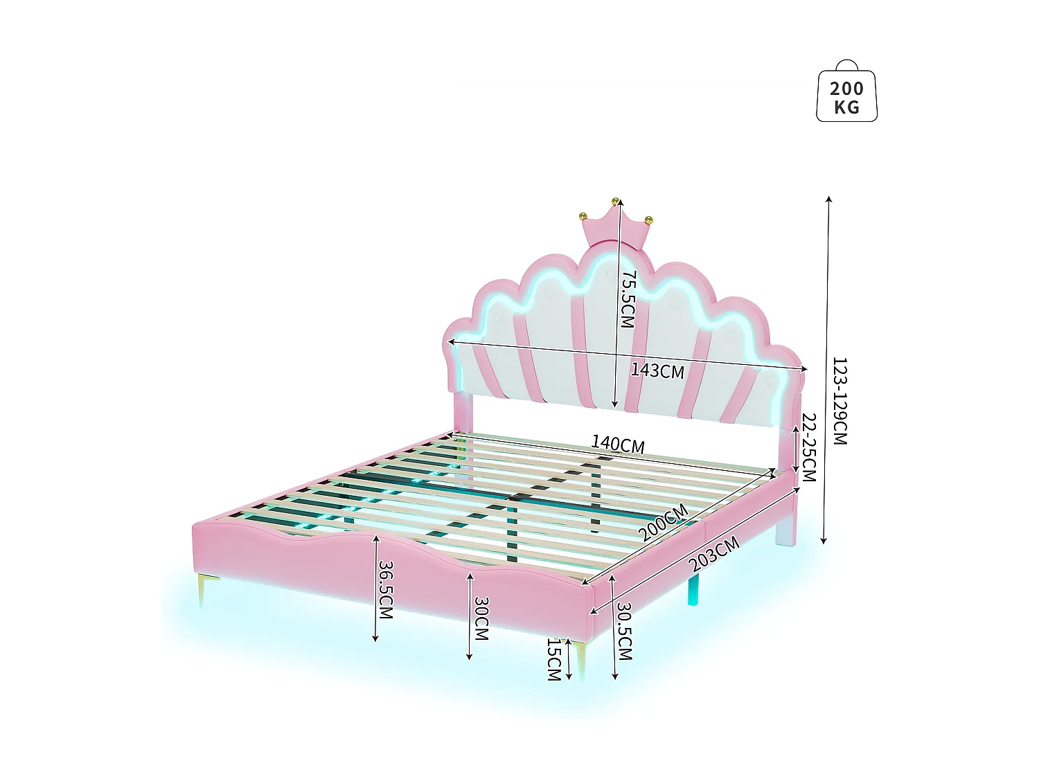 Lit adulte 140x200 cm avec sommier - tête de lit réglable en hauteur et LED - similicuir - rose (sans matelas)