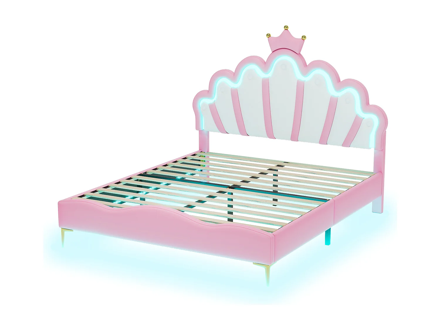 Lit adulte 140x200 cm avec sommier - tête de lit réglable en hauteur et LED - similicuir - rose (sans matelas)