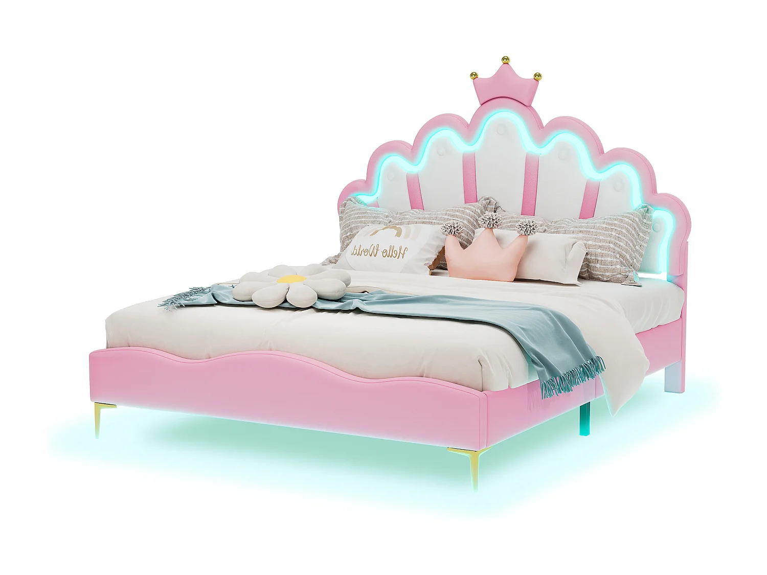 Lit adulte 140x200 cm avec sommier - tête de lit réglable en hauteur et LED - similicuir - rose (sans matelas)