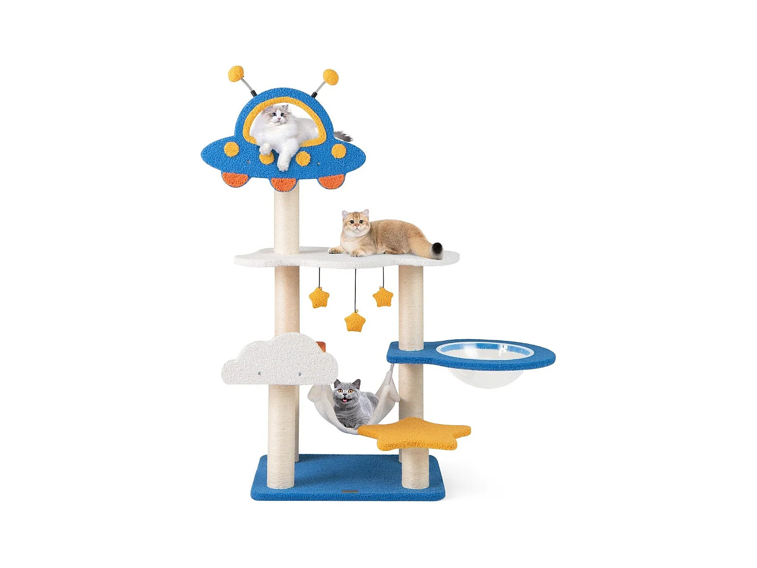 Albero per gatti a tema spaziale con posatoio UFO, Torre per gatti da interno con capsula spaziale e pali di sisal