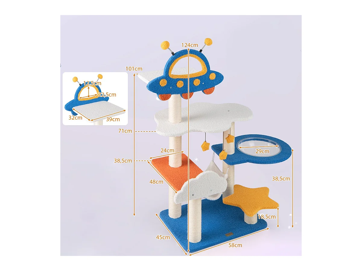 Albero per gatti a tema spaziale con posatoio UFO, Torre per gatti da interno con capsula spaziale e pali di sisal