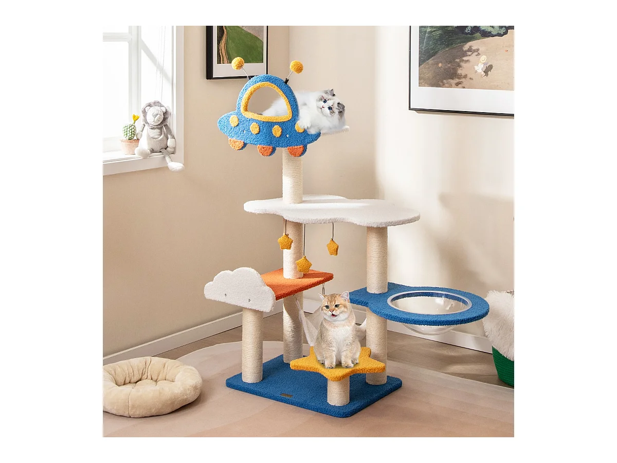 Albero per gatti a tema spaziale con posatoio UFO, Torre per gatti da interno con capsula spaziale e pali di sisal