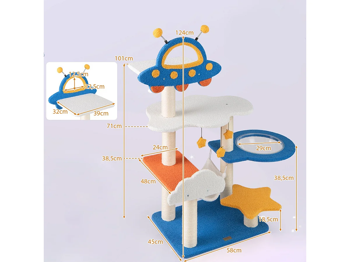 124 CM Arbre à Chat sur le Thème de l'Espace avec Perchoir en Forme d'UFO Capsule Spatiale Poteaux à Gratter en Sisal Bleu
