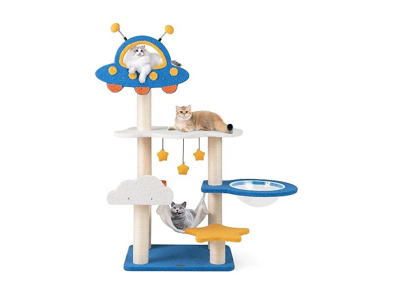 Kratzbaum mit Weltraum Thema & Raumkapsel & Sisal Kratzsäulen Mehrschichtiger Kletterbaum