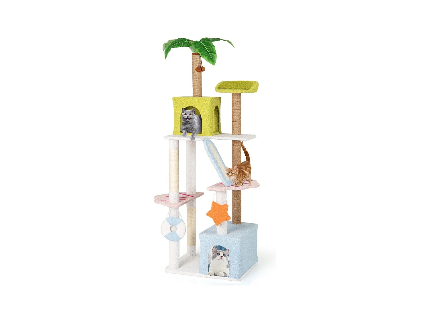 Albero per gatti alto torre a più livelli a tema spiaggia per gatti, Albero per gatti alto 180 cm Verde+Blu+Bianco