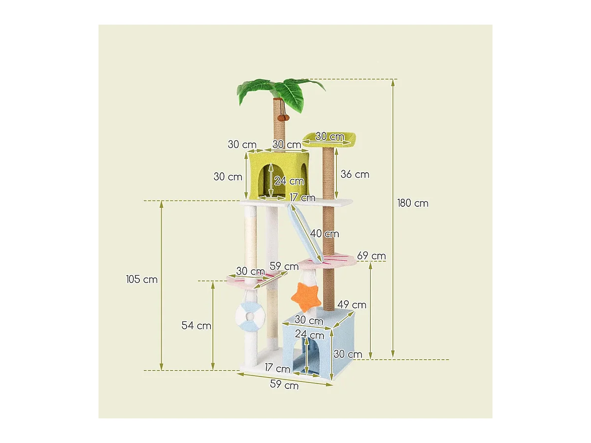 Albero per gatti alto torre a più livelli a tema spiaggia per gatti, Albero per gatti alto 180 cm Verde+Blu+Bianco