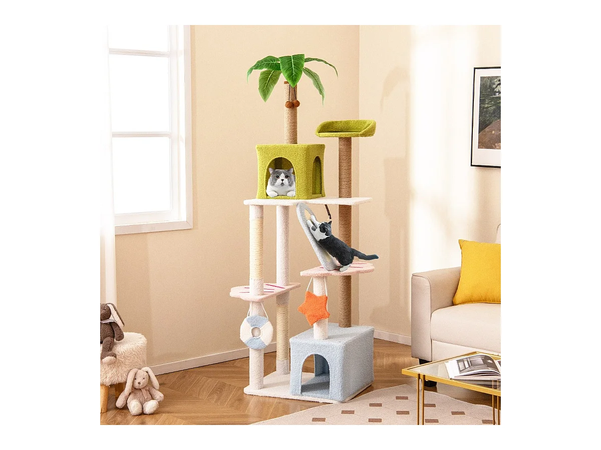 Albero per gatti alto torre a più livelli a tema spiaggia per gatti, Albero per gatti alto 180 cm Verde+Blu+Bianco