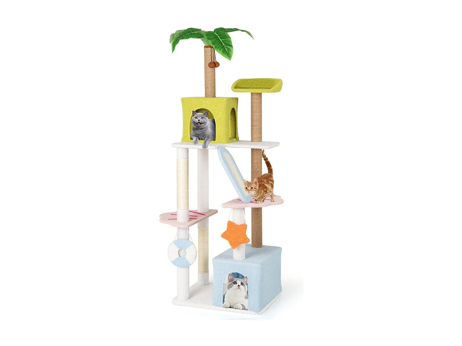 Kratzbaum im Strand-Design mit 2 Katzenhäusern & Aussichtsplattform Katzenturm Katzenbaum