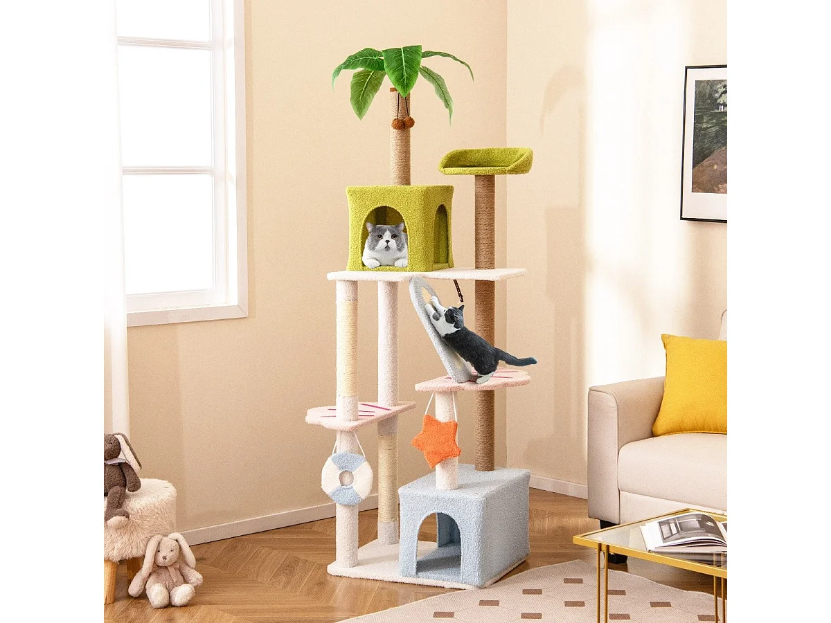 Kratzbaum im Strand-Design mit 2 Katzenhäusern & Aussichtsplattform Katzenturm Katzenbaum