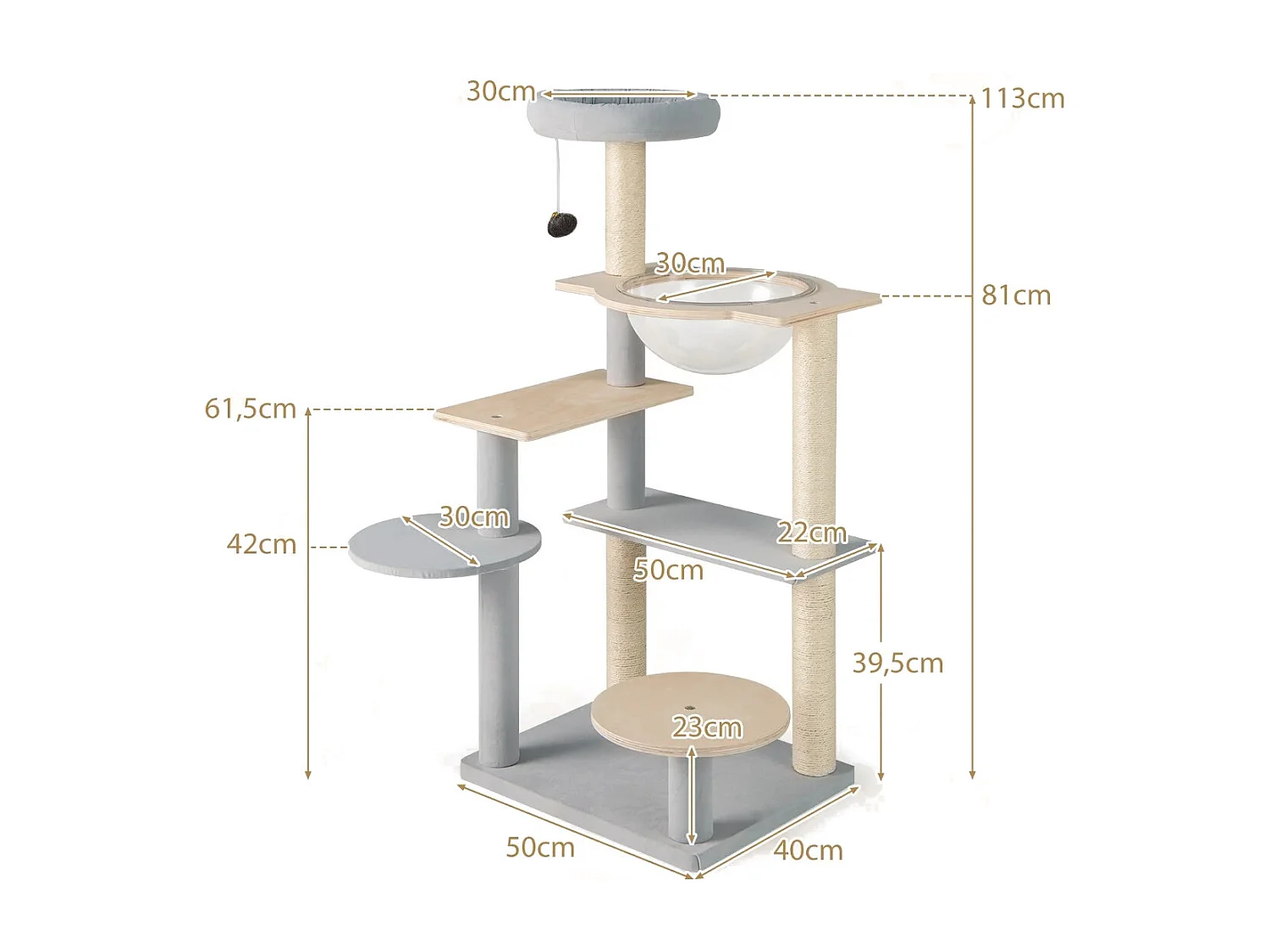 113 cm Hoher Moderner Kratzbaum mit Abnehmbarer & Gepolsterter Aussichtsplattform Kletterbaum