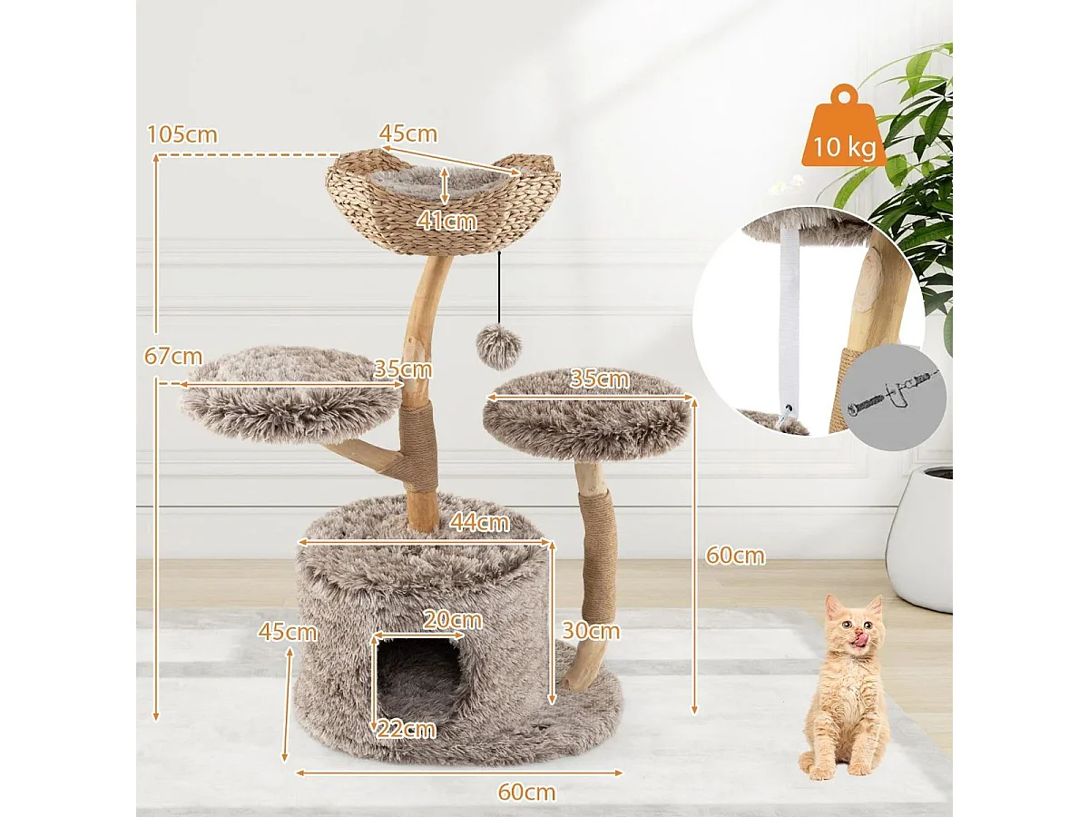 105cm Kratzbaum Holz Katzenbaum mit Katzenhöhle 2 Plüschsitzflächen Korb Kratzpfosten