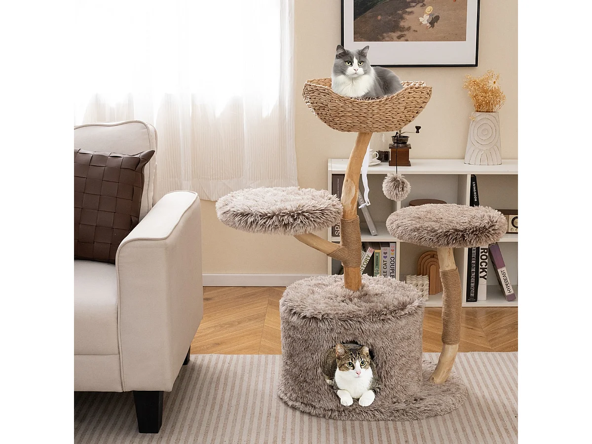 105cm Kratzbaum Holz Katzenbaum mit Katzenhöhle 2 Plüschsitzflächen Korb Kratzpfosten