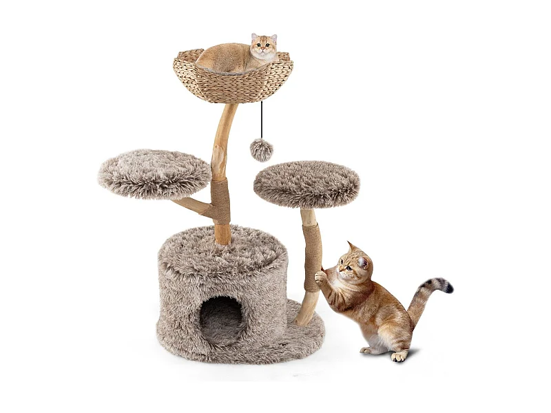 Albero per gatti in legno di pero 105 cm, Torre per gatti con piattaforme e casa pile lungo e pallina pendente Naturale