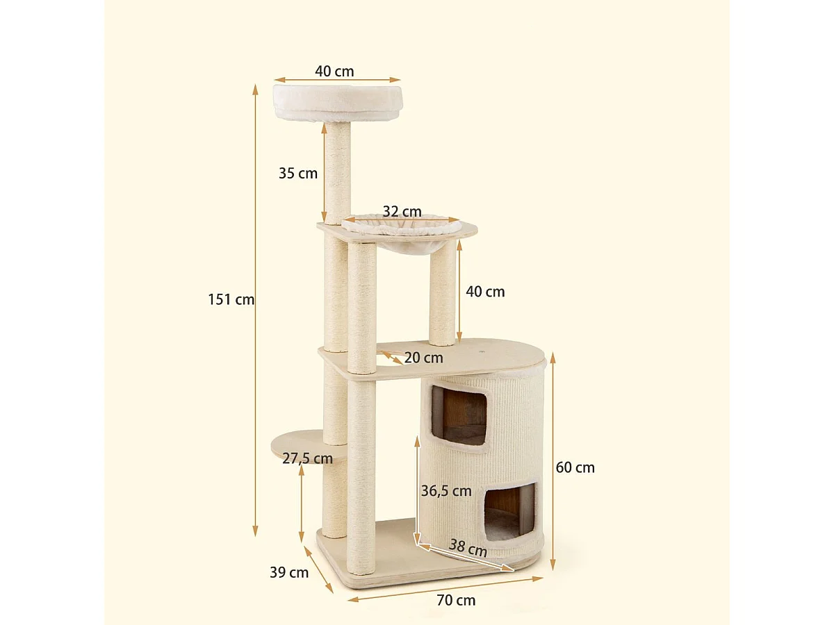 Albero per gatti 151 cm con condo a 2 piani, Torre multi - livello con accessori per gatti da interno