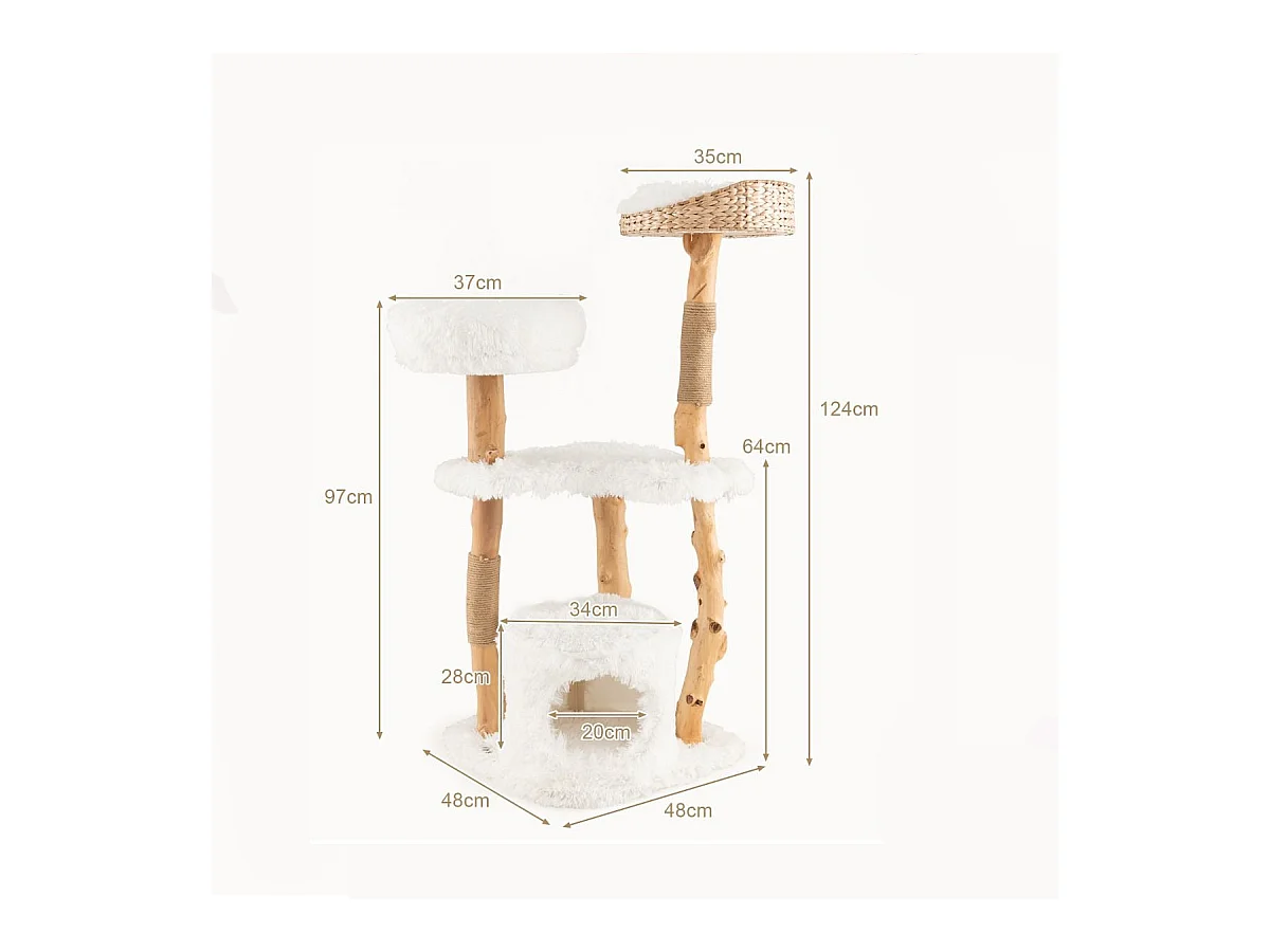 124 cm Kratzbaum aus Holz mit Katzenhöhle & Plüschsitzfläche & Sitzplattform Kratzpfosten aus Jute
