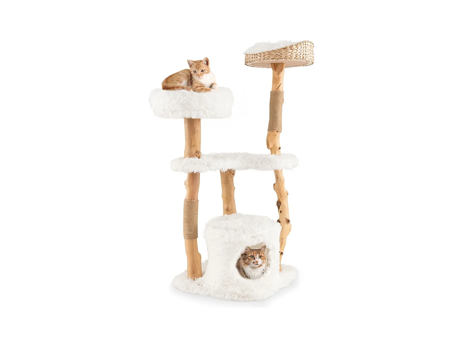 124 cm Kratzbaum aus Holz mit Katzenhöhle & Plüschsitzfläche & Sitzplattform Kratzpfosten aus Jute