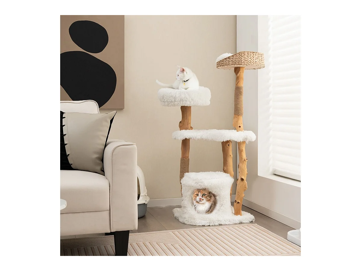 124 cm Kratzbaum aus Holz mit Katzenhöhle & Plüschsitzfläche & Sitzplattform Kratzpfosten aus Jute
