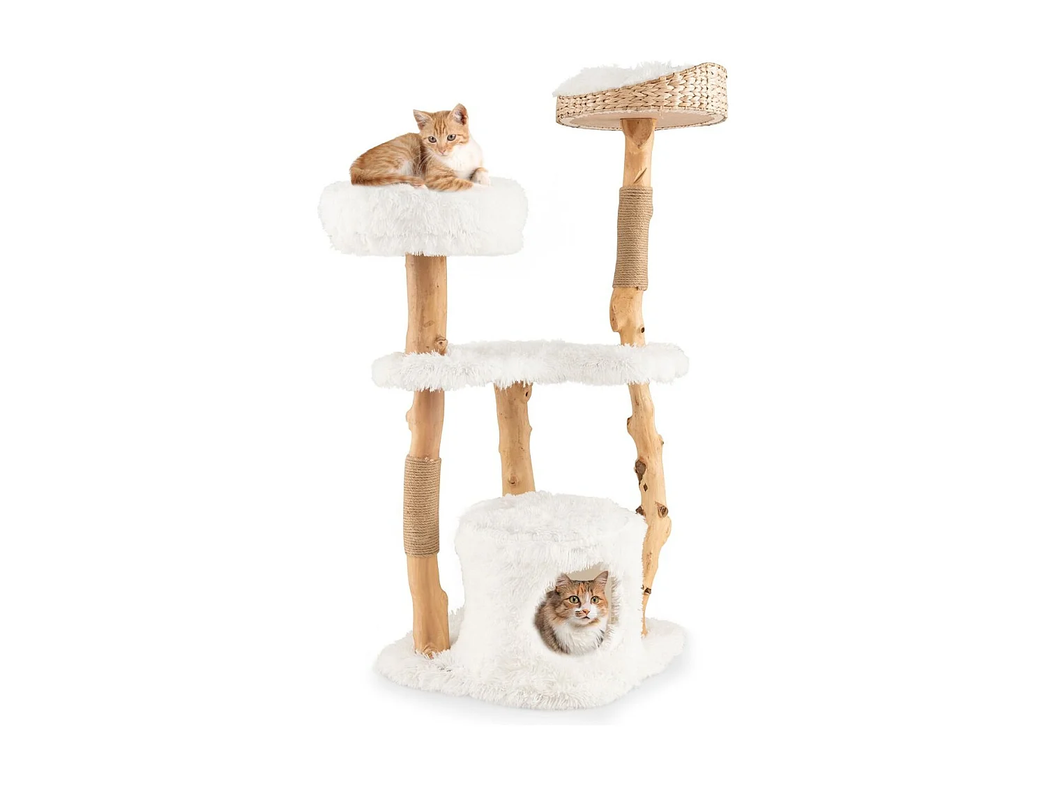 Albero per gatti in legno massello alto 124cm, Albero tiragraffi da interno con pali di corda di juta Bianco
