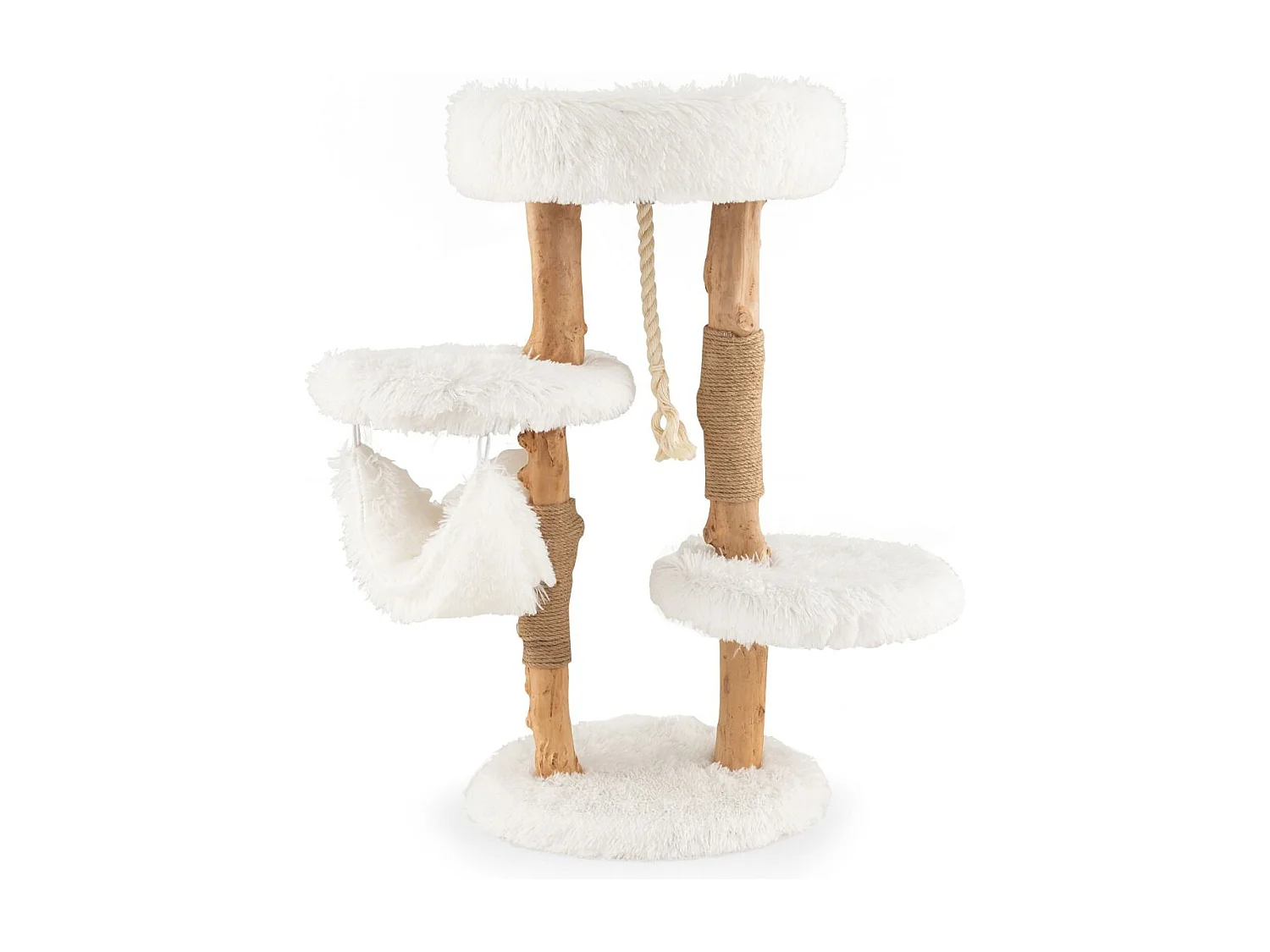 Albero tiragraffi per gatti in legno con pali di corda di iuta, Mobile per gatti con piattaforma e amaca Bianco